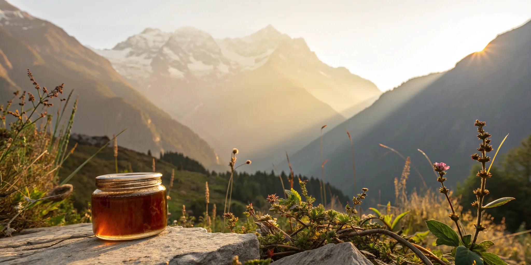 High fulvic acid shilajit jar on a rock.