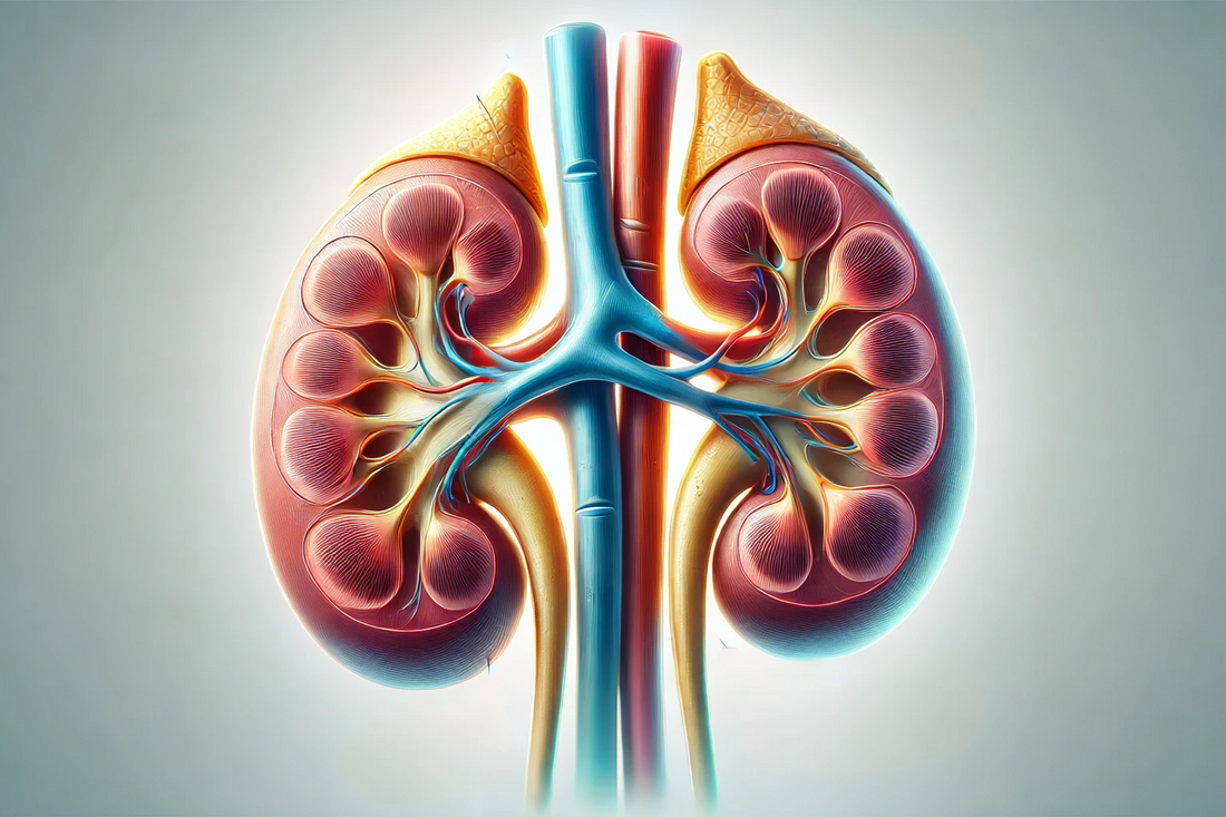 A detailed, anatomically accurate illustration of a human kidney in full color