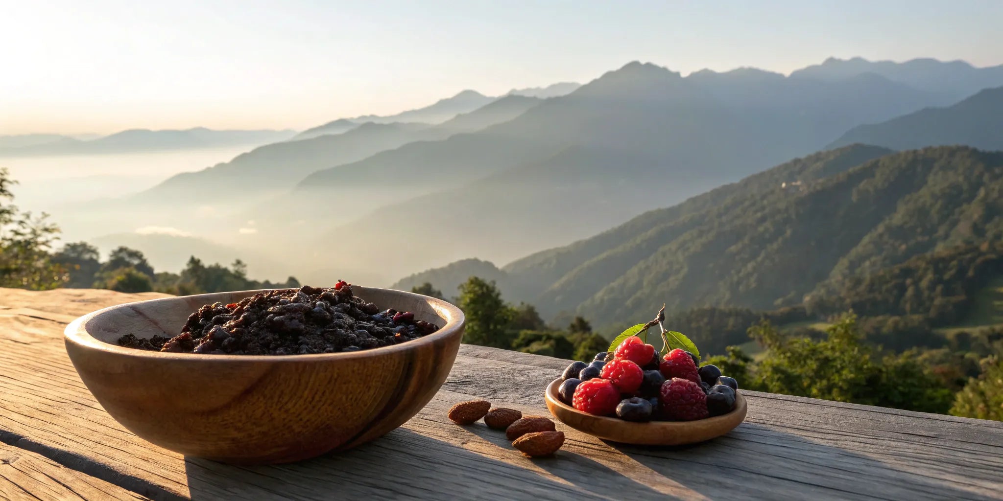Shilajit resin and berries with a mountain backdrop.