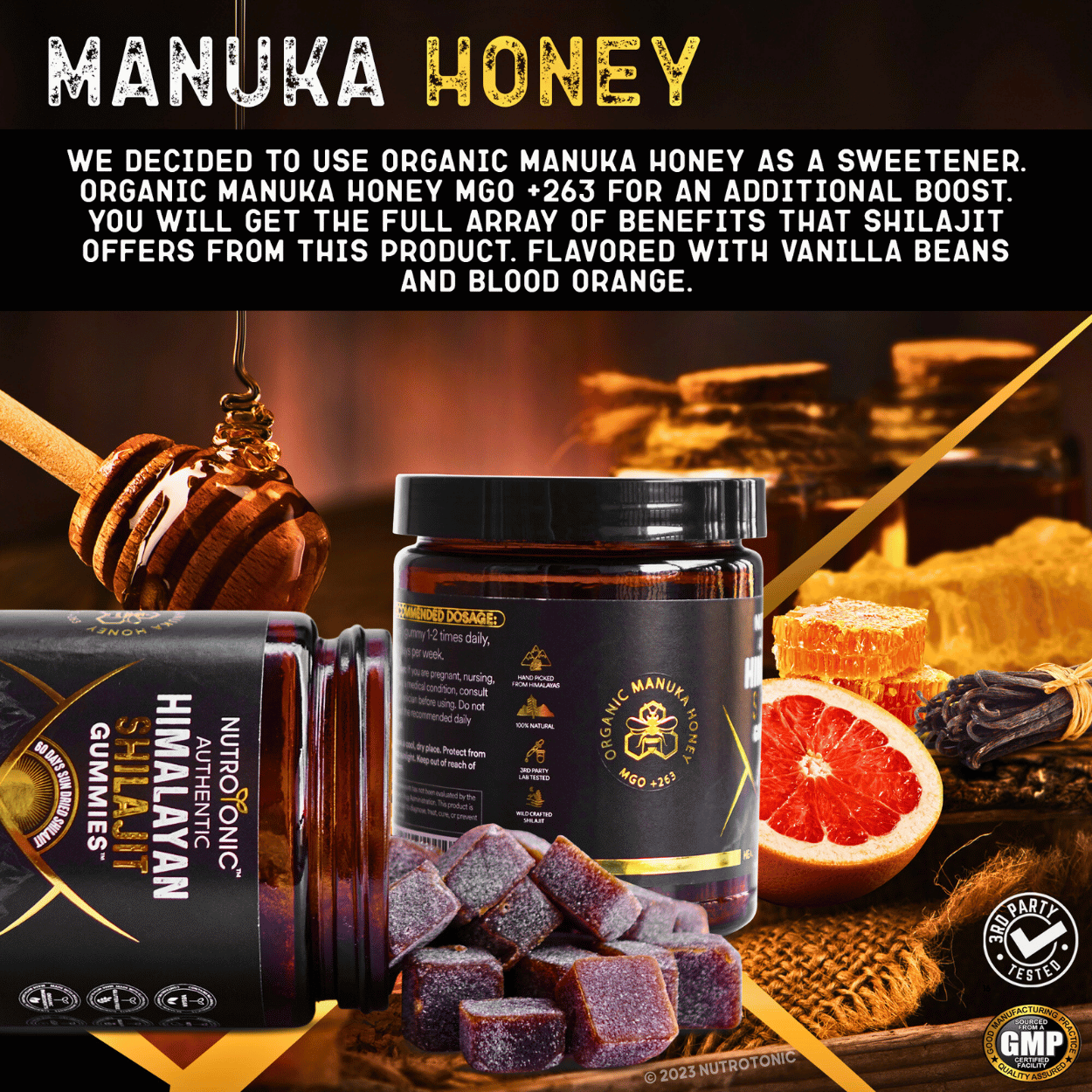 shilajit gummies with NutroTonic himalayan shilajit red rare resin and organic manuka honey